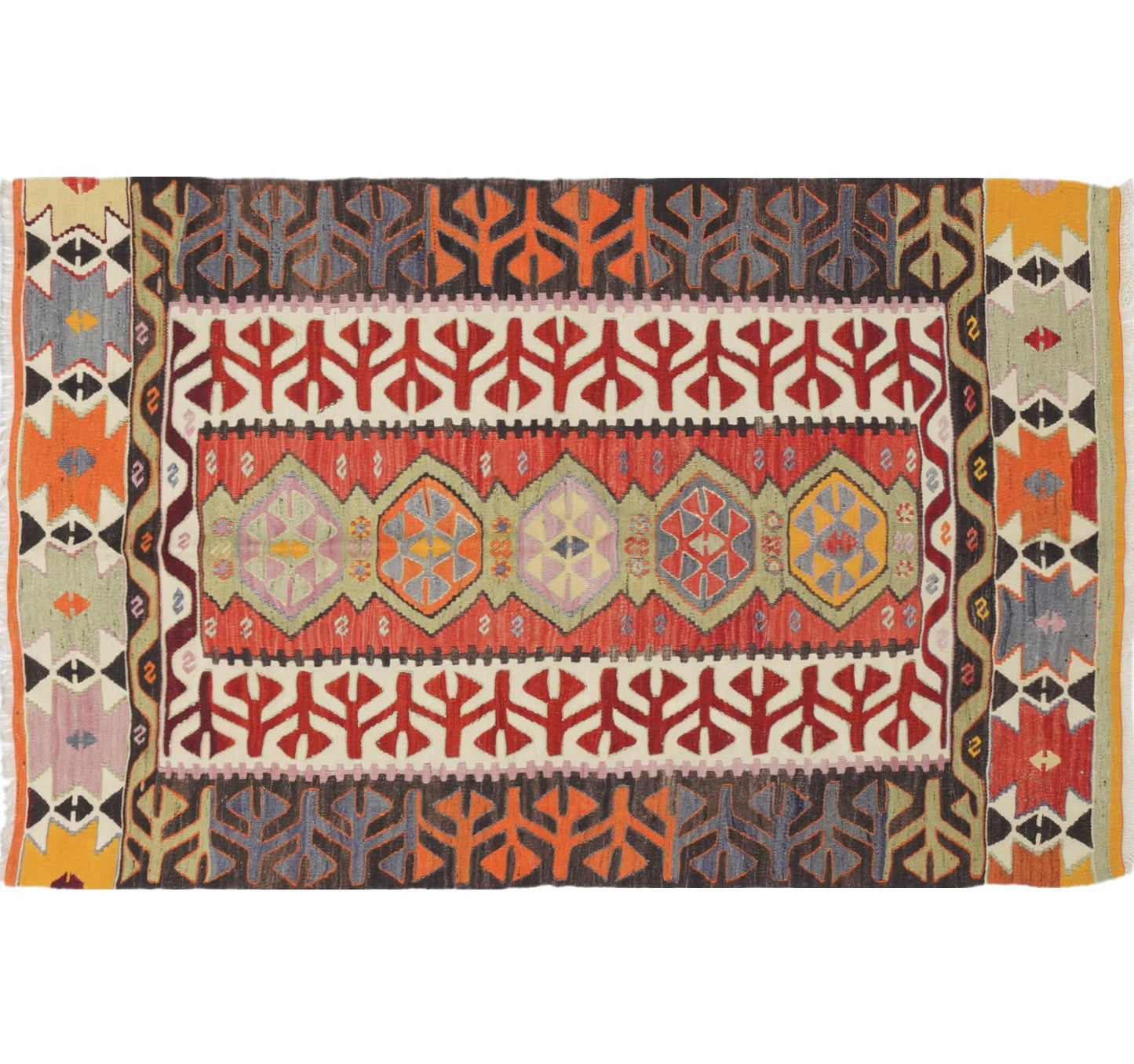 Tapis kilim ancien Pamukkale 190×128 cm, vue d'ensemble – Laine naturelle, environ 60 ans, Anatolie de l'Ouest