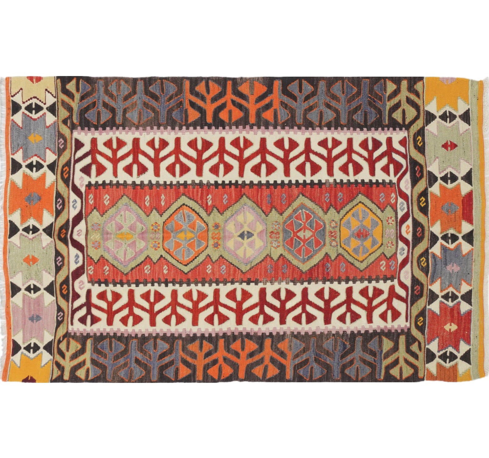 Tapis kilim ancien Pamukkale 190×128 cm, vue d'ensemble – Laine naturelle, environ 60 ans, Anatolie de l'Ouest