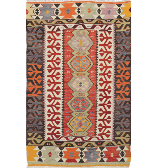 Kilim ancien Pamukkale 190×128 cm – Tapis kilim tissé main en laine naturelle, Anatolie de l'Ouest