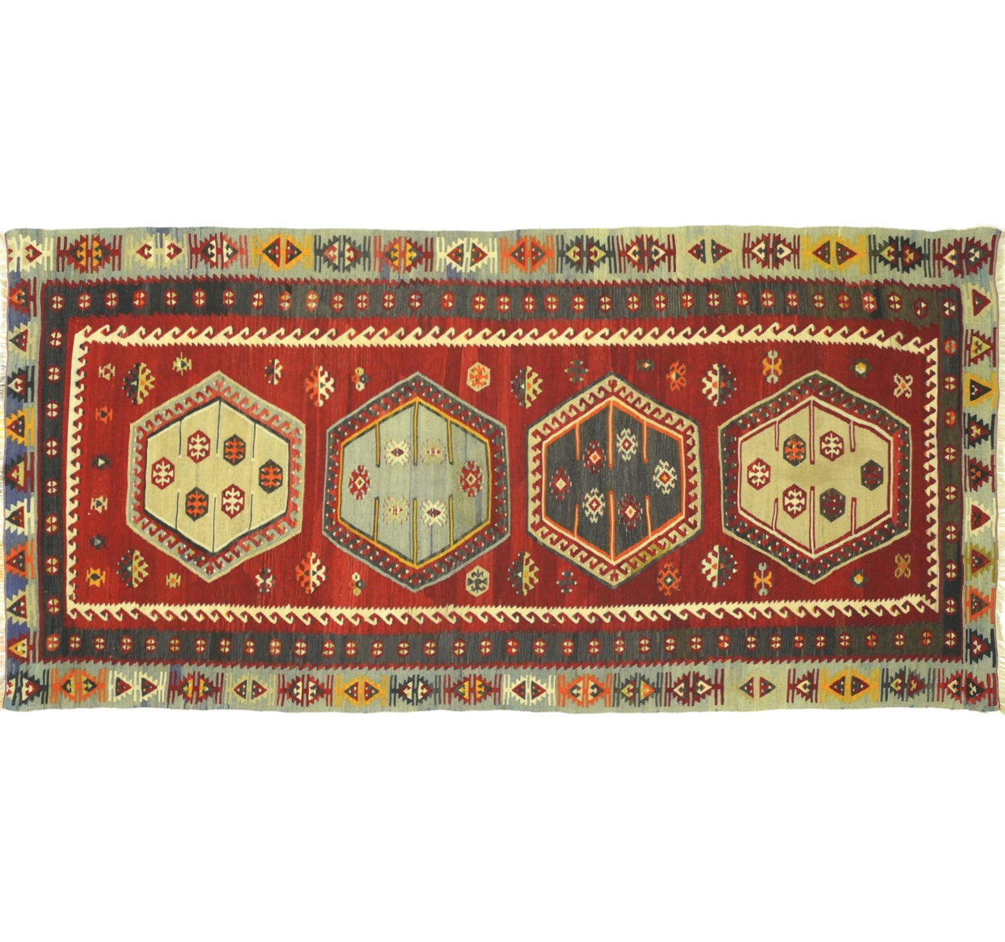 Vue horizontale du kilim Sarkisla 240 x 113 cm – Tapis turc en laine de provenance Sarkisla