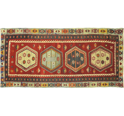 Vue horizontale du kilim Sarkisla 240 x 113 cm – Tapis turc en laine de provenance Sarkisla
