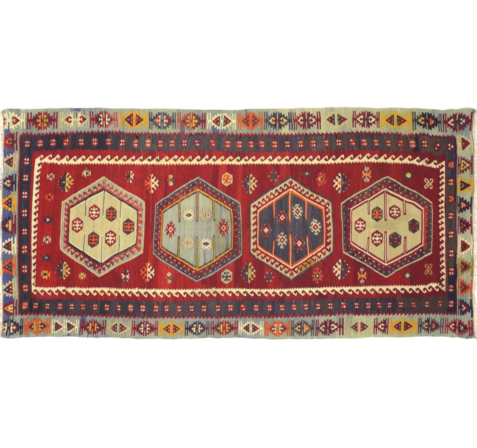 Vue horizontale du kilim Sarkisla 240 x 113 cm – Tapis turc en laine de provenance Sarkisla