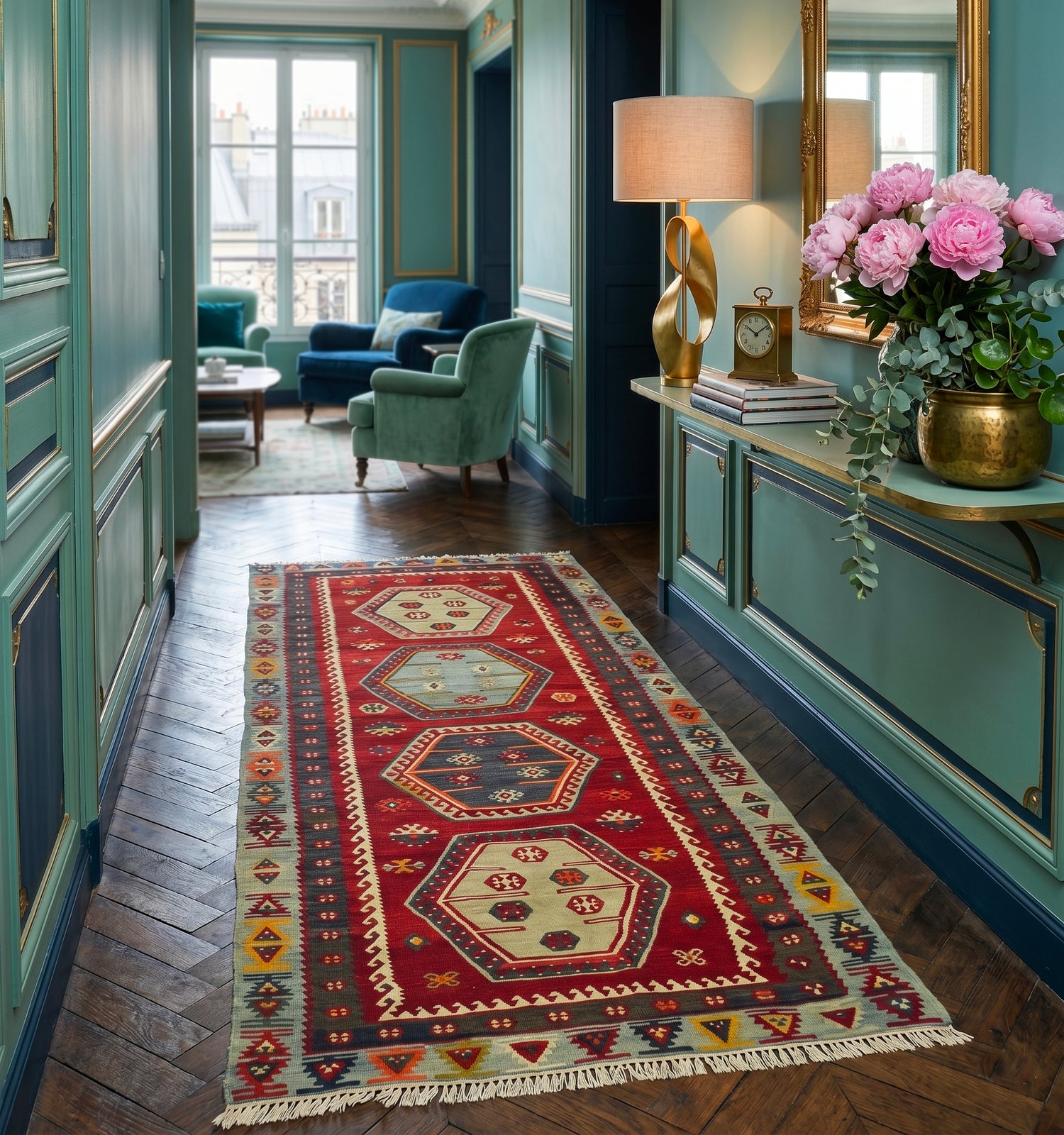 Laine naturelle filée à la main, teintures végétales rouge et bleu ardoise, tissage nomade de Şarkışla - kilim ancien 240x113 cm déroulé dans un couloir haussmannien à Paris.
