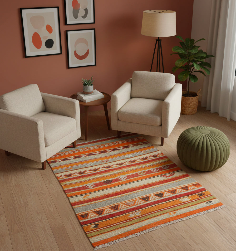 Kilim Sivas 125 x 110 cm en situation dans un intérieur moderne – Décoration provenance Sivas