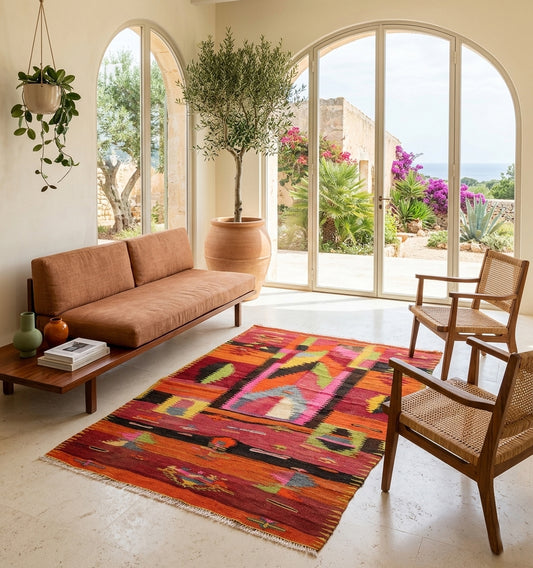 Kilim ancien Sivas 228×145 cm dans un salon méditerranéen lumineux – canapé lin caramel, fauteuils en rotin, olivier en pot et vue sur jardin fleuri.