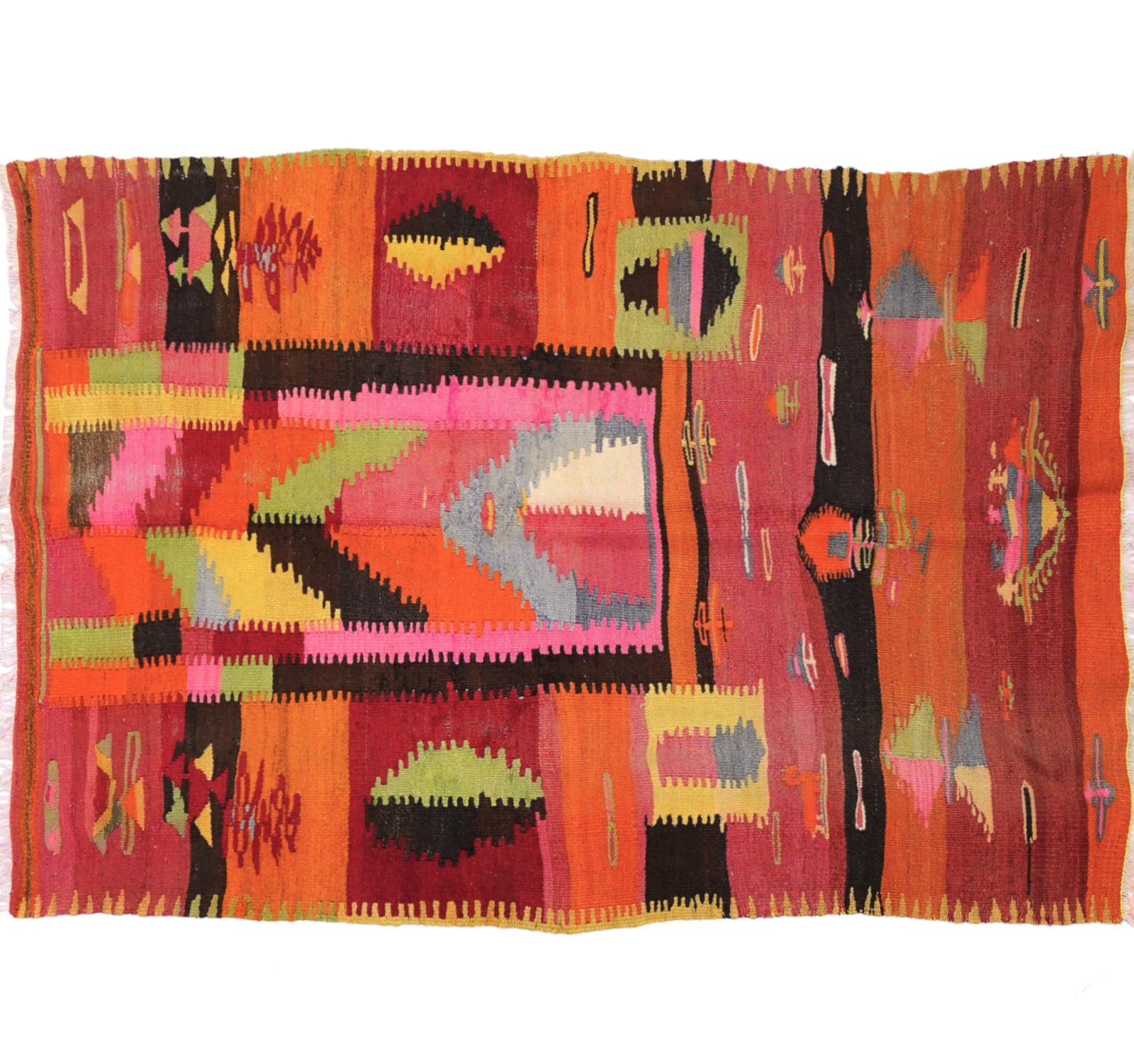 Tapis kilim ancien Sivas 228×145 cm, vue d'ensemble – Laine naturelle, environ 60 ans, Anatolie Centrale