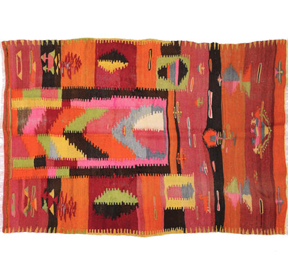 Tapis kilim ancien Sivas 228×145 cm, vue d'ensemble – Laine naturelle, environ 60 ans, Anatolie Centrale