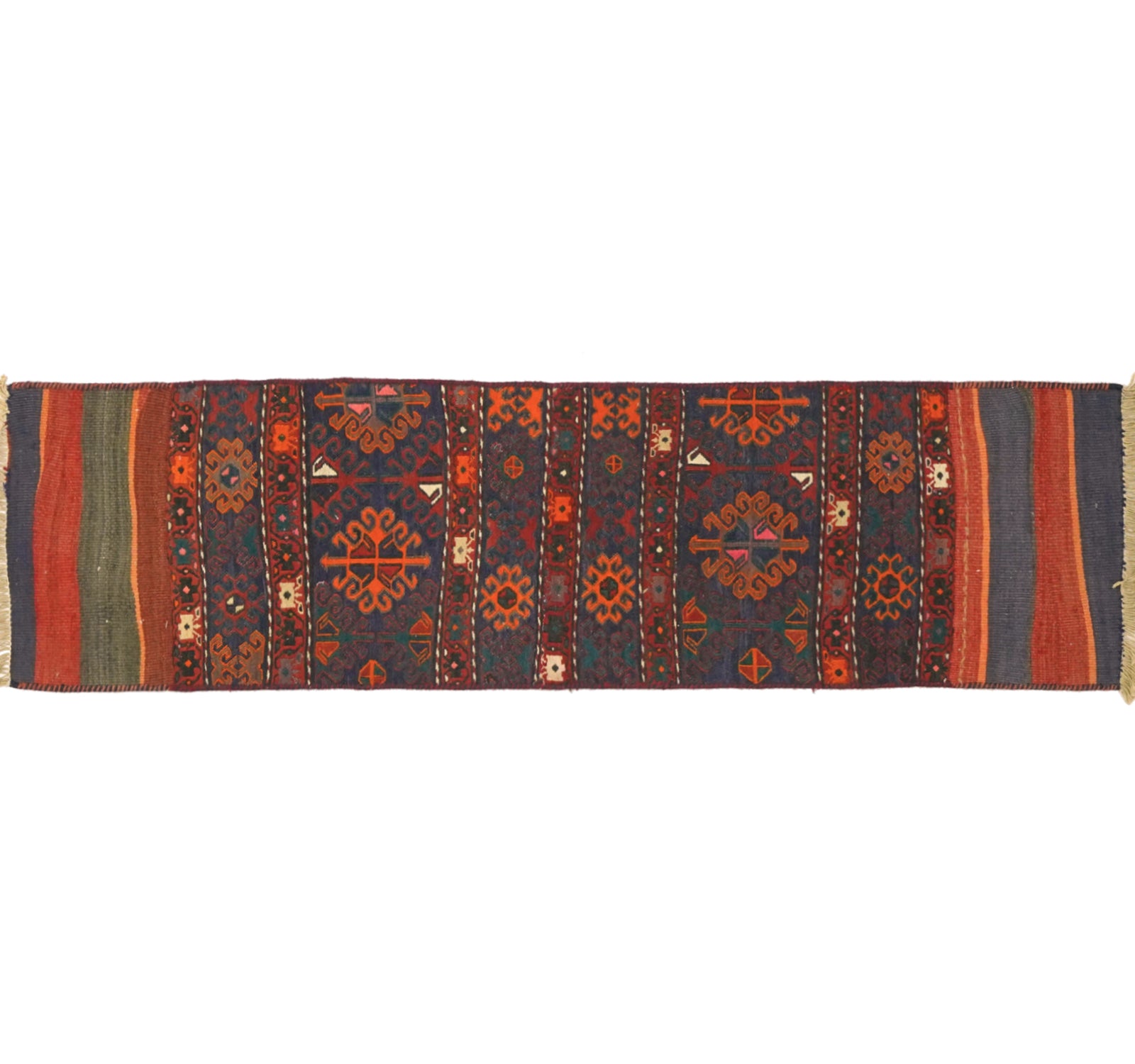 Tapis kilim ancien Soumak 170×46 cm, vue d'ensemble – Laine naturelle, environ 65 ans, Caucase / Est