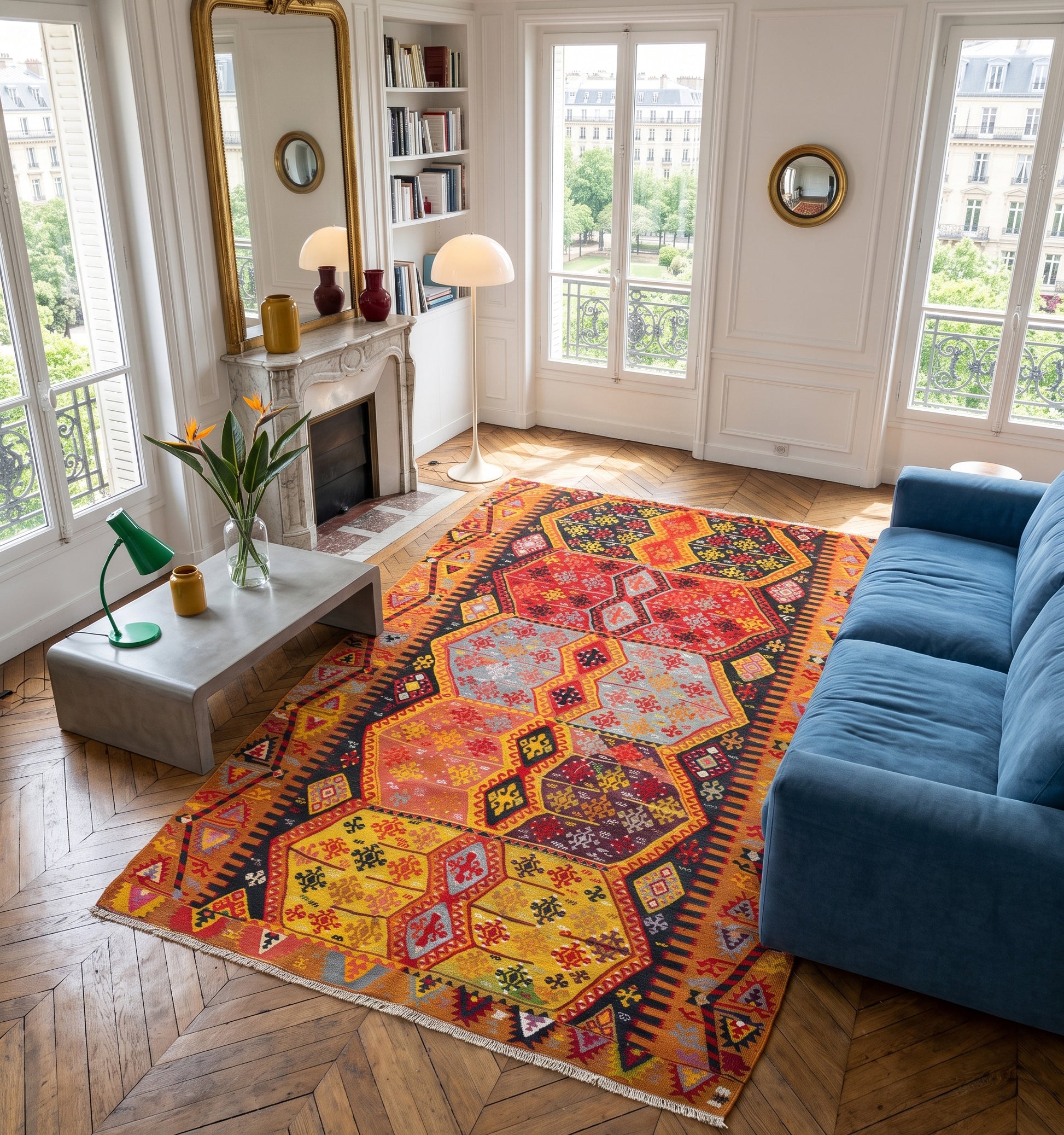 Grand tapis kilim Malatya ancien de 280 x 180 cm, tissé à la main en Anatolie avec des motifs tribaux géométriques. Cette pièce d'exception aux nuances terracotta et bleu profond est installée dans un appartement prestigieux à Paris, offrant une harmonie parfaite entre le parquet en chevrons, les moulures classiques et un mobilier design contemporain.