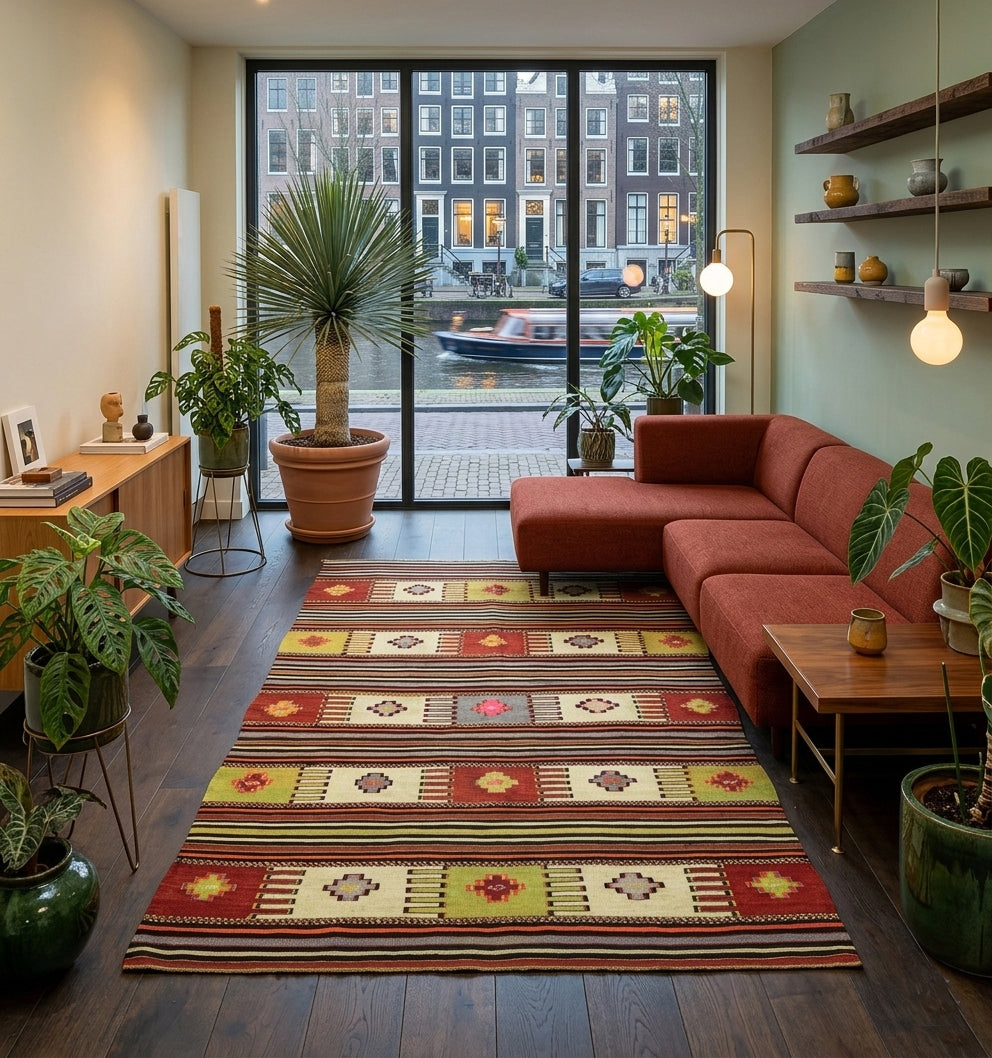 Tapis kilim Balikesir en laine aux rayures horizontales et motifs géométriques colorés (260 x 145 cm) mis en situation dans un salon moderne avec canapé d'angle brique, grandes baies vitrées donnant sur un canal à Amsterdam, plantes exotiques et étagères en bois brut.