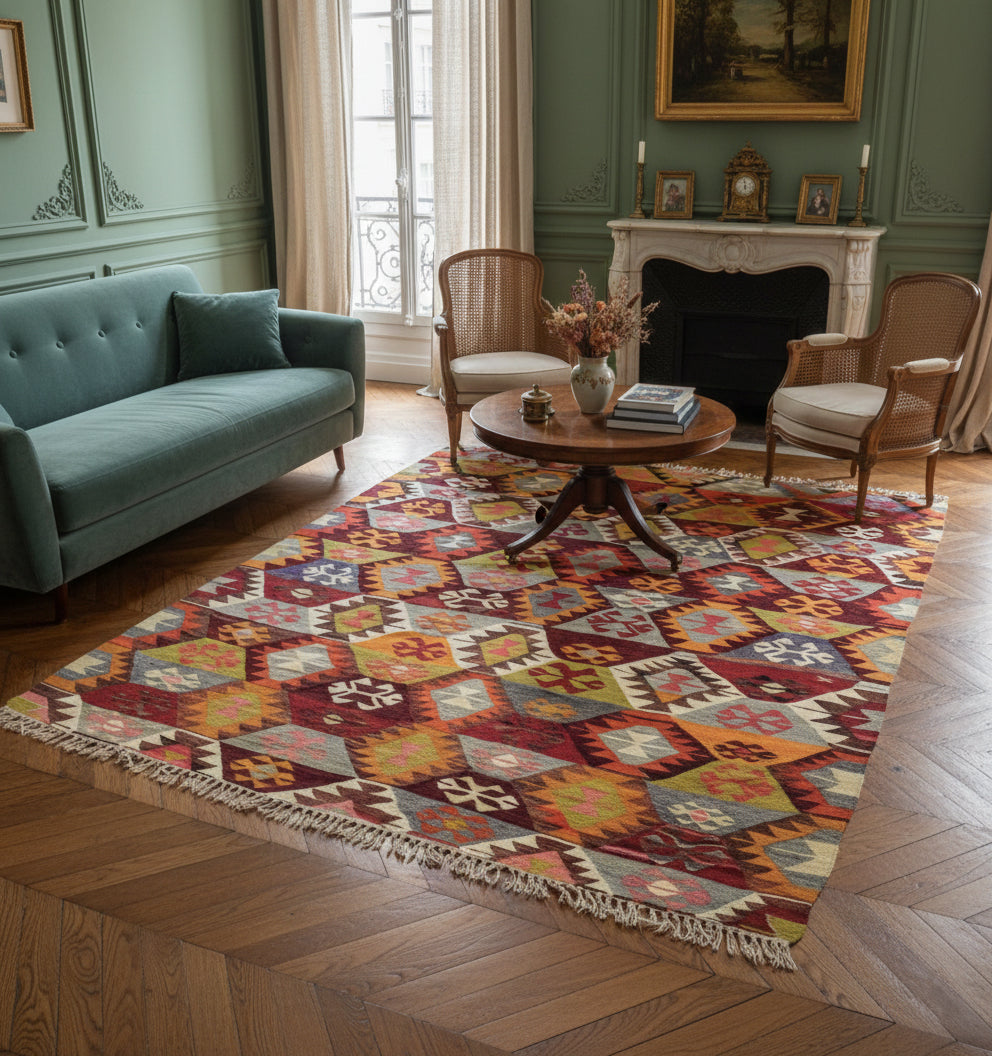 Kilim Tavas 245 x 196 cm en situation dans un intérieur moderne – Décoration provenance Tavas