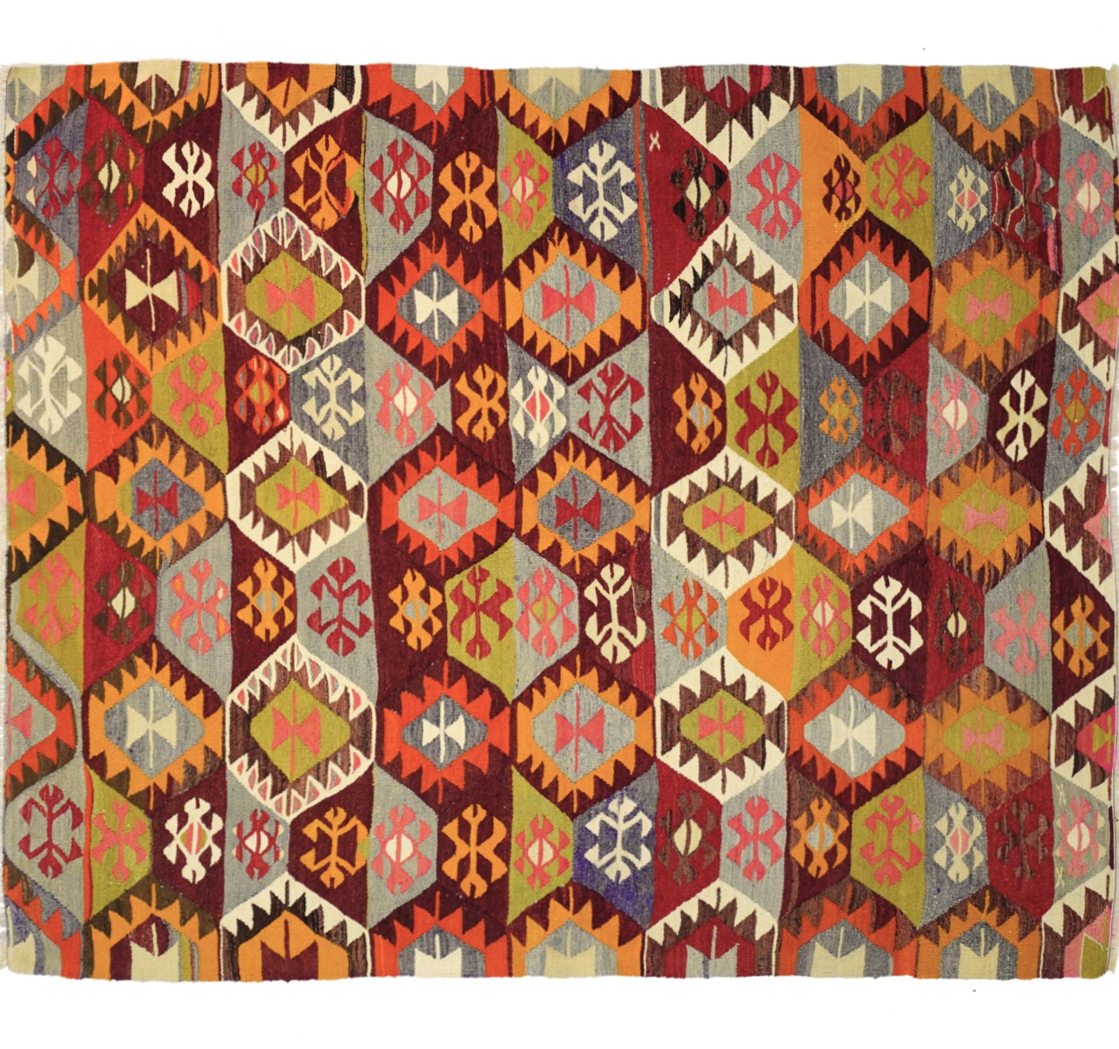 Vue horizontale du kilim Tavas 245 x 196 cm – Tapis turc en laine de provenance Tavas