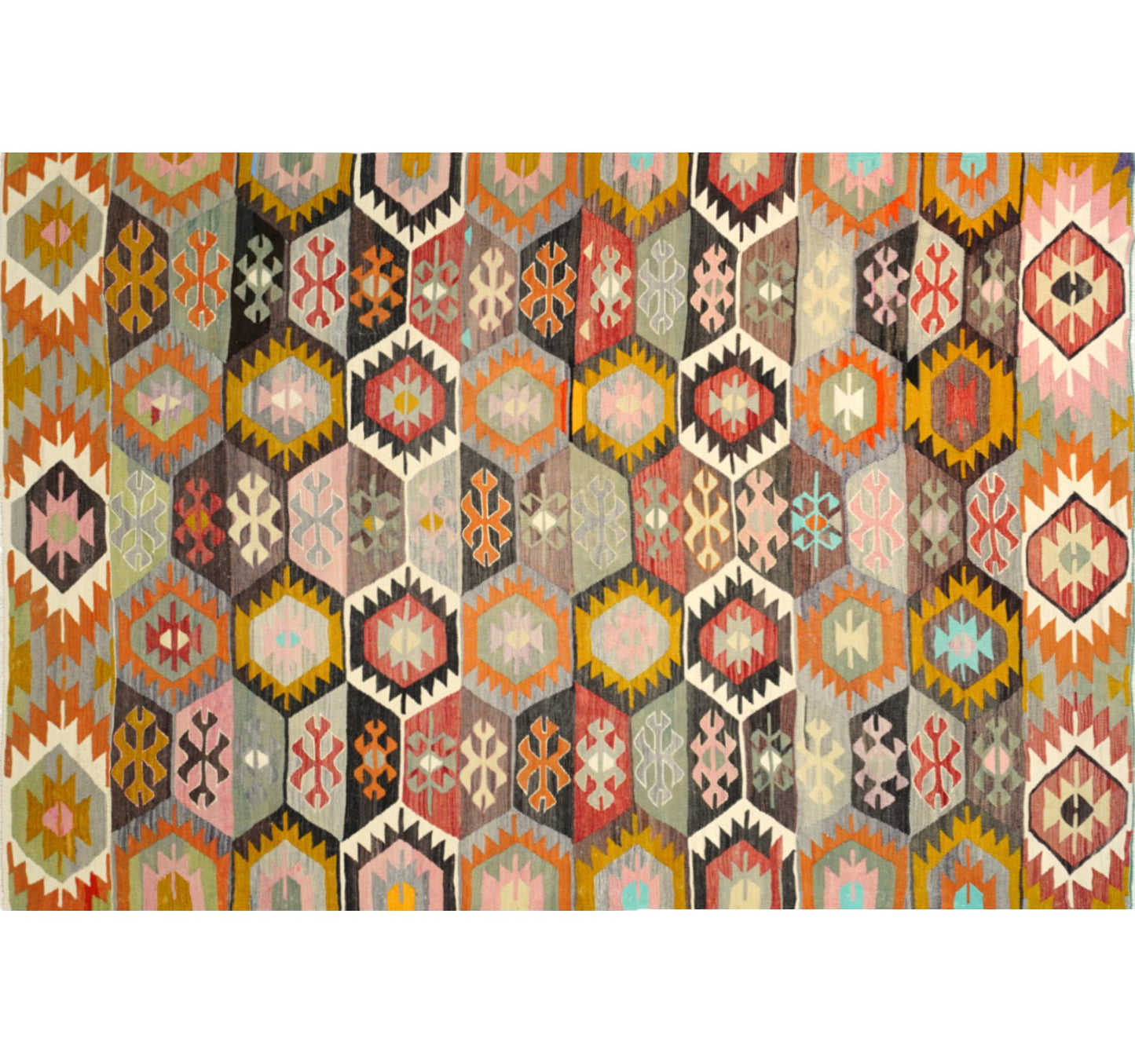 Vue horizontale du kilim Tavas 290 x 195 cm – Tapis turc en laine de provenance Tavas