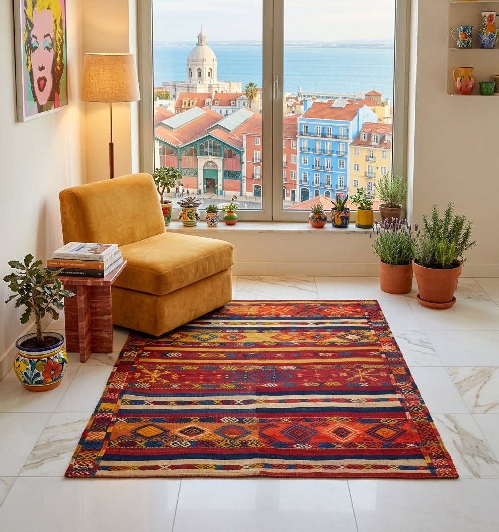 Tapis kilim vintage tissé main aux motifs berbères colorés, mis en situation dans un coin lecture lumineux avec fauteuil en velours moutarde, table d'appoint rouge et vue imprenable sur Lisbonne et le Tage depuis une grande fenêtre. Sol en marbre blanc et plantes en pot.