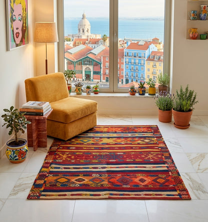 Tapis kilim vintage tissé main aux motifs berbères colorés, mis en situation dans un coin lecture lumineux avec fauteuil en velours moutarde, table d'appoint rouge et vue imprenable sur Lisbonne et le Tage depuis une grande fenêtre. Sol en marbre blanc et plantes en pot.