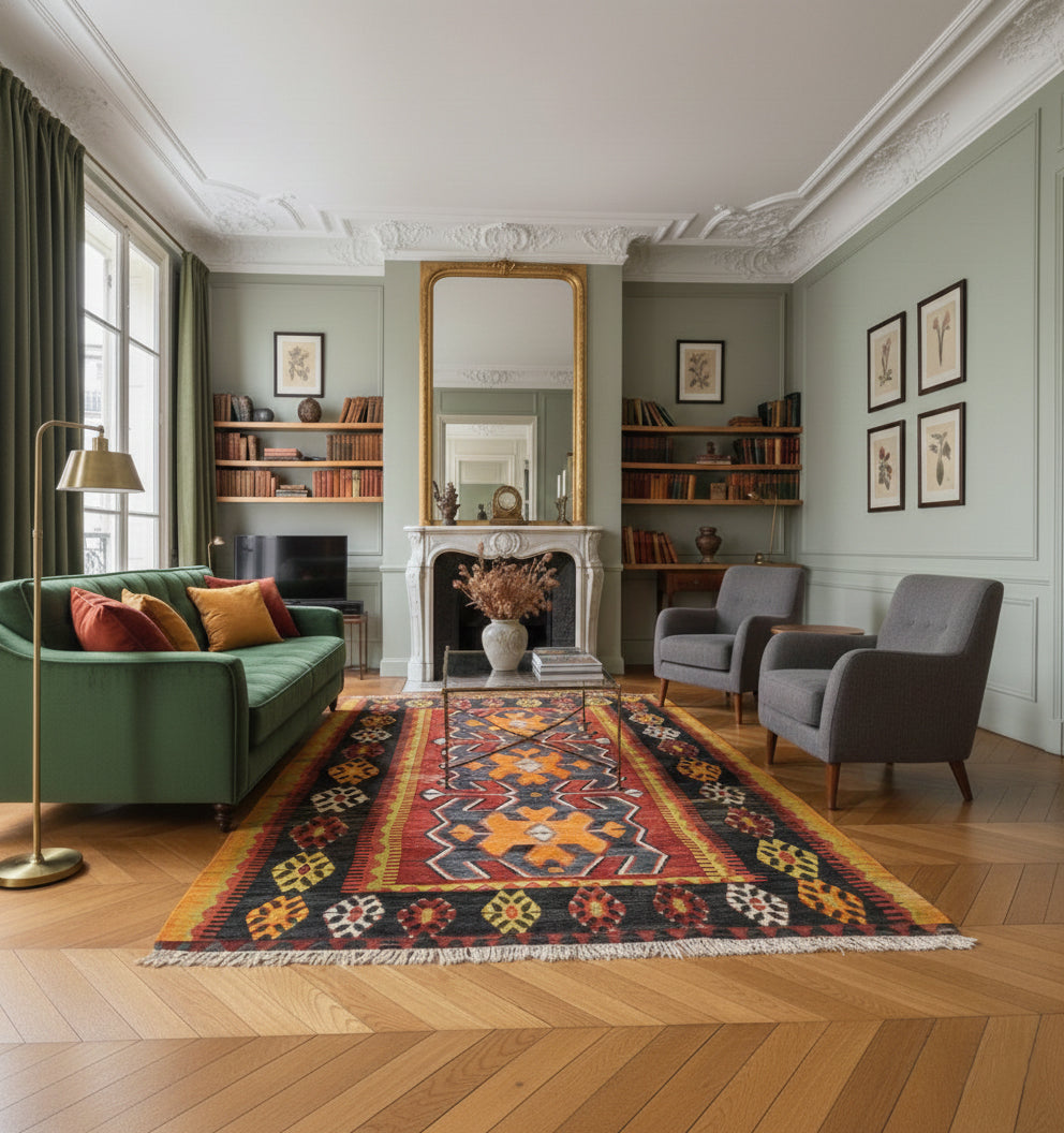 Kilim Yesilova 207 x 140 cm en situation dans un intérieur moderne – Décoration provenance Yesilova