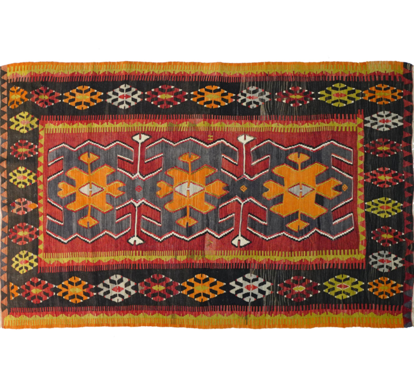 Vue horizontale du kilim Yesilova 207 x 140 cm – Tapis turc en laine de provenance Yesilova