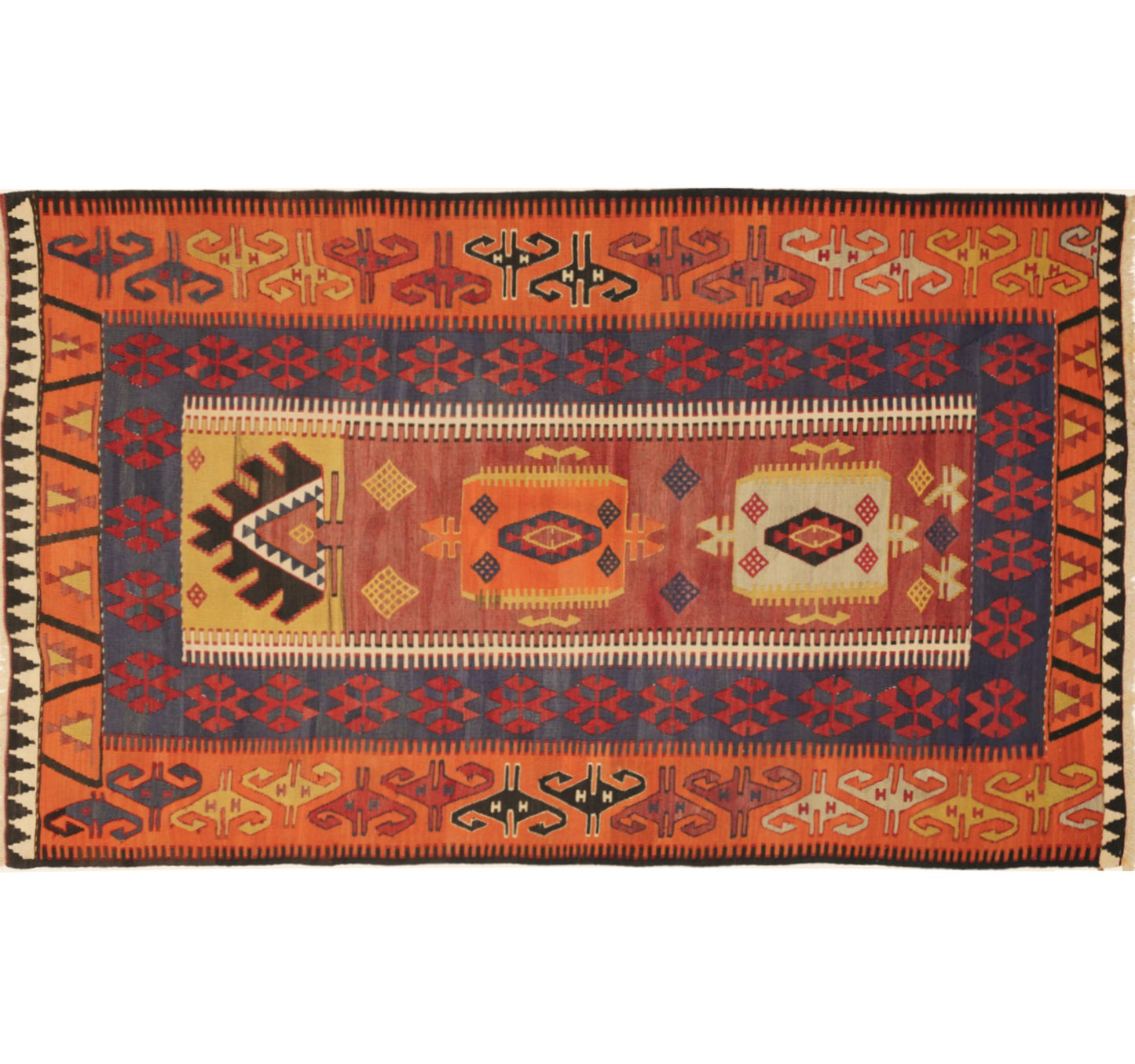 Vue horizontale du kilim Yesilova 230 x 138 cm – Tapis turc en laine de provenance Yesilova