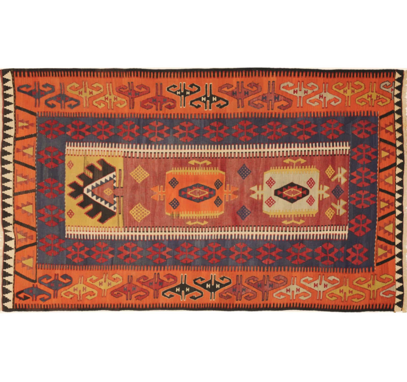 Vue horizontale du kilim Yesilova 230 x 138 cm – Tapis turc en laine de provenance Yesilova