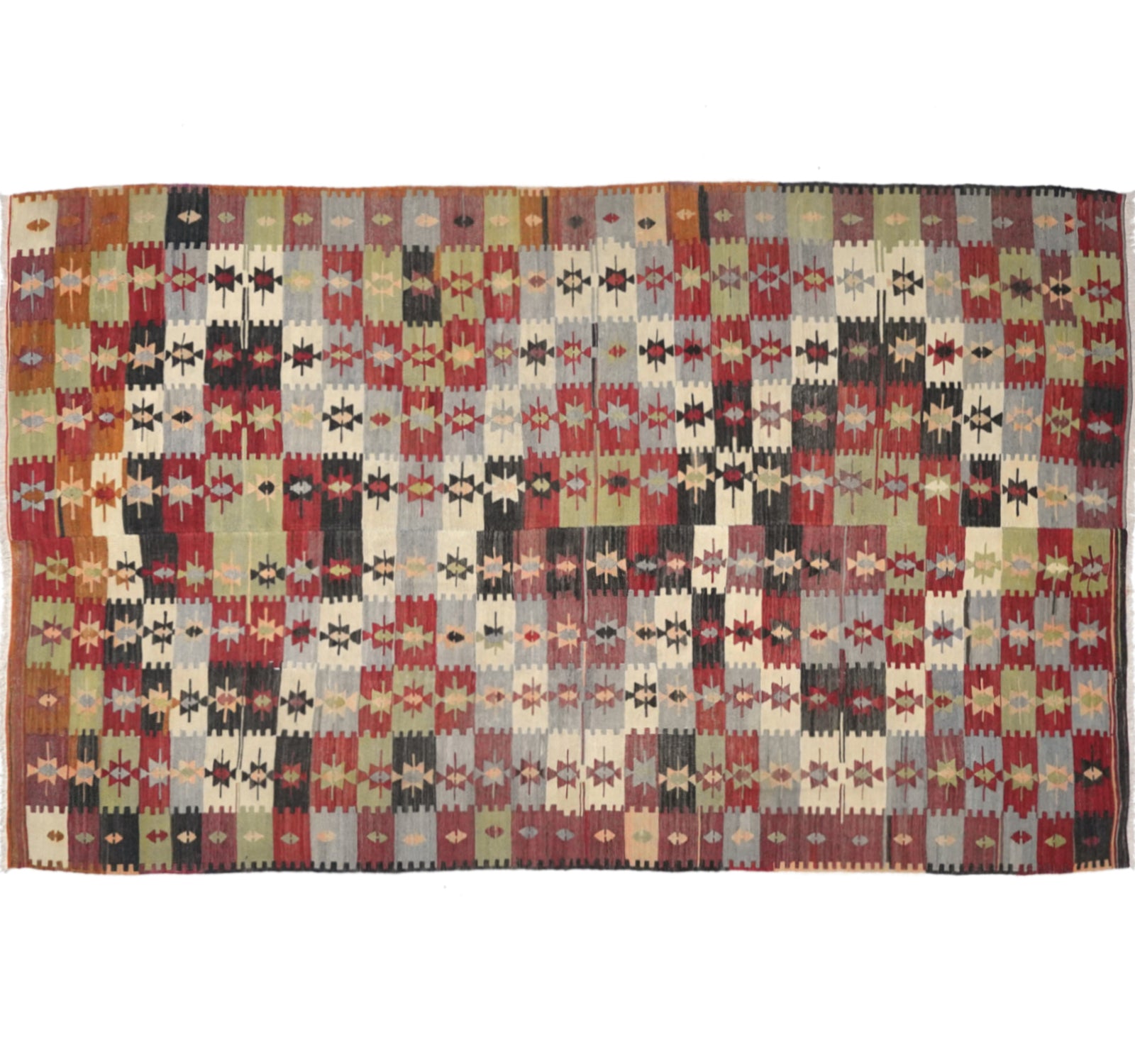 Tapis kilim ancien Yesilova 300×180 cm, vue d'ensemble – Laine naturelle, environ 65 ans, Anatolie