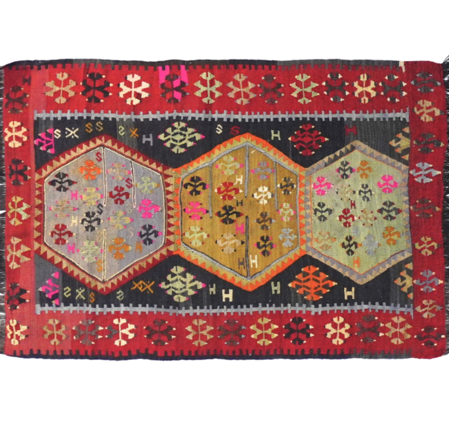 Vue horizontale du kilim Yozgat 110 x 80 cm – Tapis turc en laine de provenance Yozgat