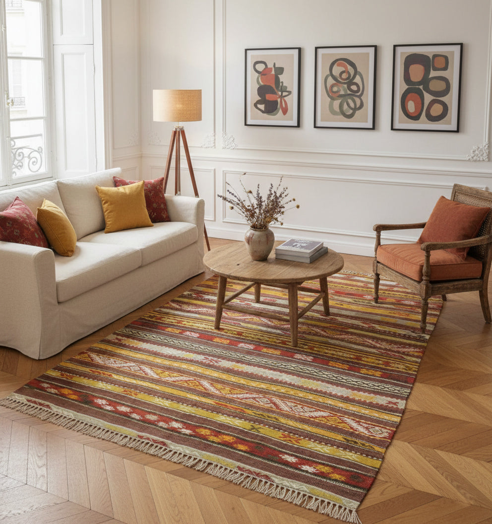 Kilim Yuntdag 215 x 120 cm en situation dans un intérieur moderne – Décoration provenance Yuntdag