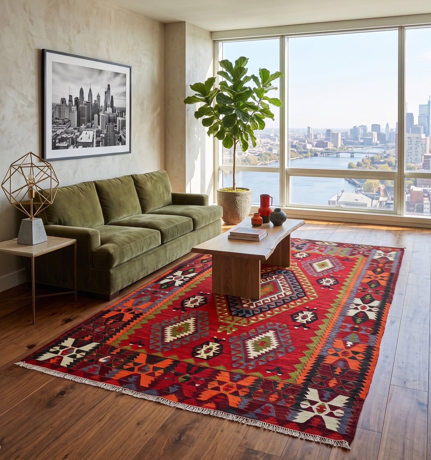 Kilim ancien Cal tissé main par des nomades d'Anatolie, tapis kilim en laine naturelle et teintures végétales posé dans un loft à Philadelphie face au skyline, fragment d'histoire au cœur d'un intérieur contemporain