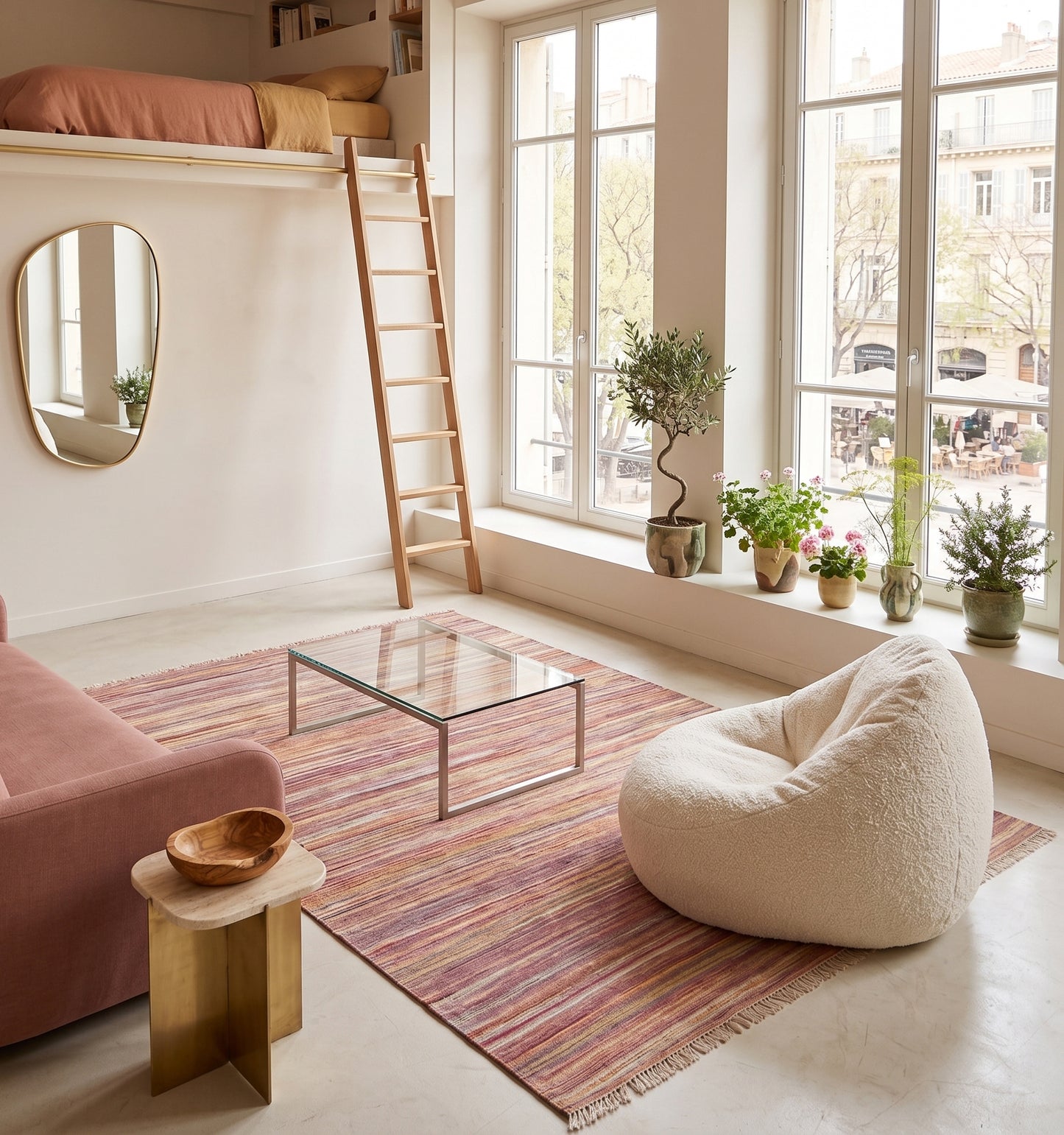 Kilim tissé main aux nuances chinées rose et corail, tapis kilim contemporain d'inspiration Anatolie posé sous une mezzanine à Marseille face à une place ensoleillée, pièce unique dans un intérieur baigné de lumière