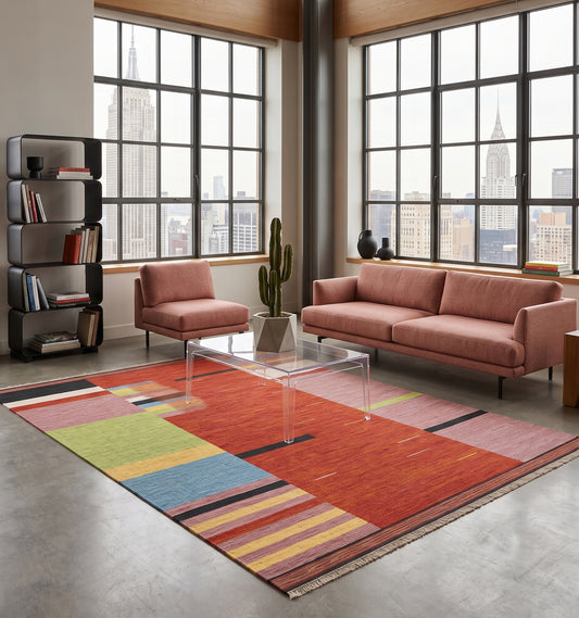 Kilim tissé main aux blocs de couleurs vives, tapis kilim contemporain d'inspiration Anatolie posé dans un loft new yorkais face à l'Empire State Building, pièce unique au style industriel chic