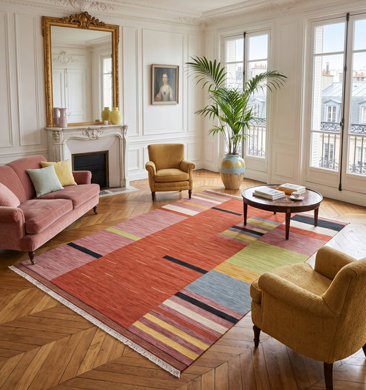 Kilim tissé main aux blocs de couleurs vives, tapis kilim contemporain d'inspiration Anatolie posé dans un salon haussmannien parisien aux moulures et cheminée en marbre, pièce unique face aux toits zinc