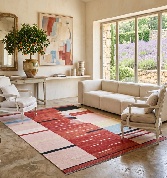 Kilim tissé main aux blocs de couleurs rose poudré et rouge, tapis kilim contemporain d'inspiration Anatolie posé dans un mas à Gordes face à un champ de lavande, pièce unique entre pierre sèche et Provence