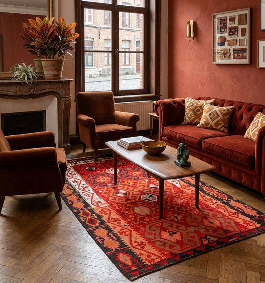 Tapis kilim rouge et mobilier en velours bordeaux et caramel, dans une décoration de salon chaleureux du Vieux-Lille avec murs terracotta.