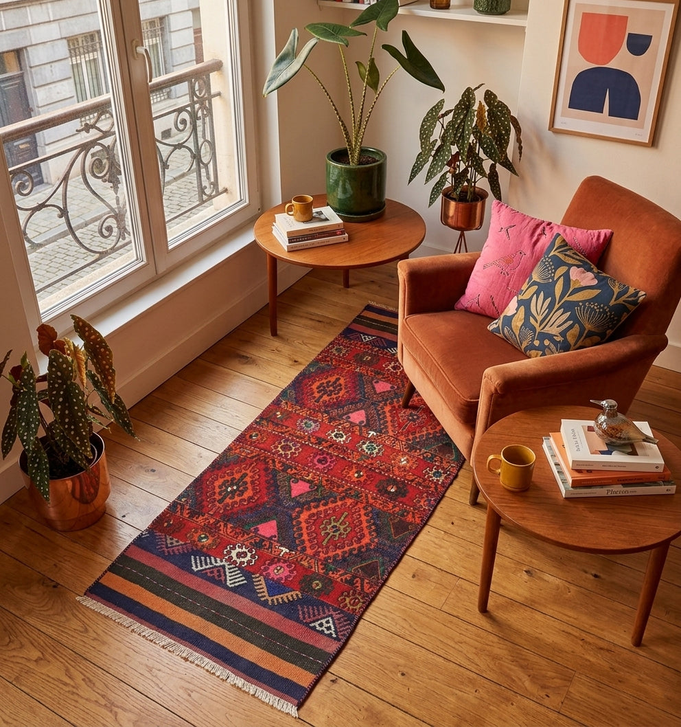 Petit tapis Kilim d'Anatolie coloré (dominante rouge et bleu) s'étendant dans un couloir sur un sol en bois clair. Il est situé à côté d'un fauteuil en velours orange confortable avec des coussins décoratifs et de deux tables d'appoint rondes en bois avec des plantes en pot, des livres et des tasses à café. Une grande fenêtre cintrée avec balustrade en fer forgé donne sur une rue de ville typique de Paris. La scène est décorée dans un style bohème-chic et vintage.