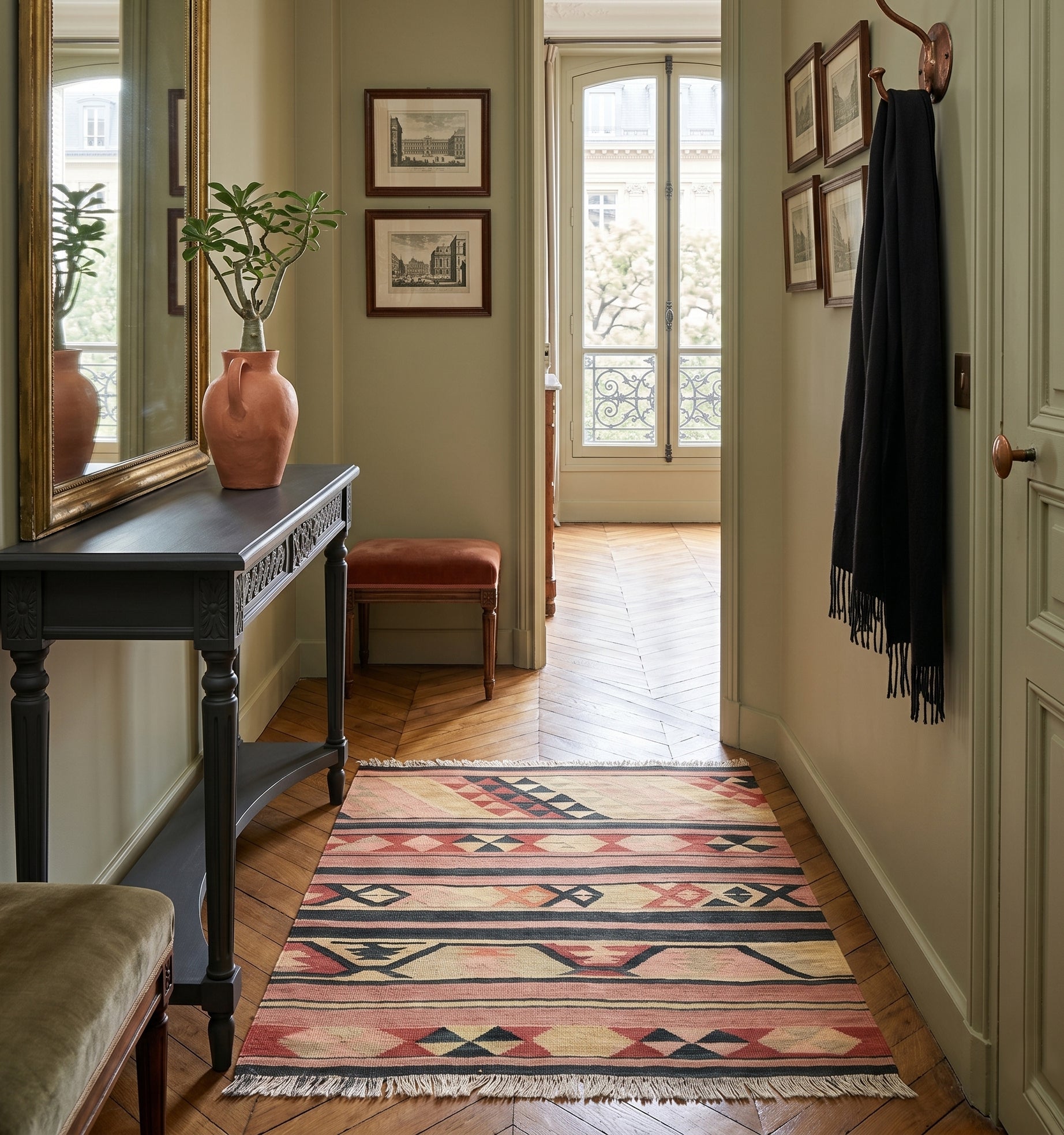 Tapis kilim ancien d'Anatolie aux motifs géométriques noirs et rosés, accueillant les visiteurs dans l'entrée élégante d'un appartement de style à Nantes. Un tissage artisanal unique qui sublime une console sombre et un miroir doré pour une ambiance chic et chaleureuse.