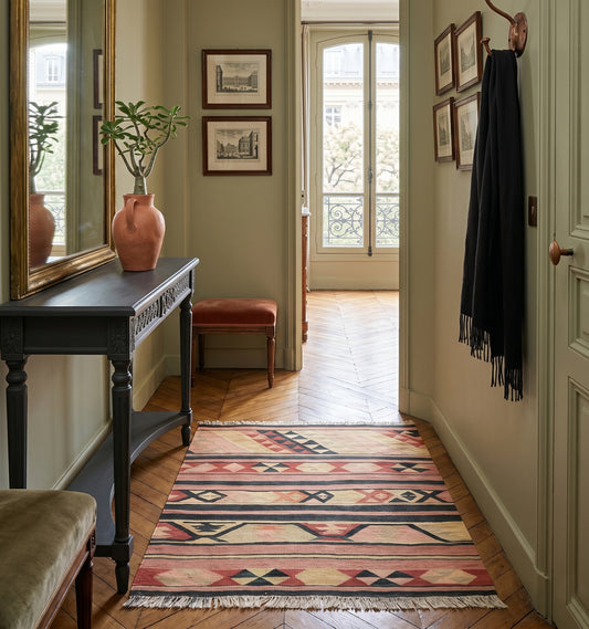 Tapis kilim ancien d'Anatolie aux motifs géométriques noirs et rosés, accueillant les visiteurs dans l'entrée élégante d'un appartement de style à Nantes. Un tissage artisanal unique qui sublime une console sombre et un miroir doré pour une ambiance chic et chaleureuse.