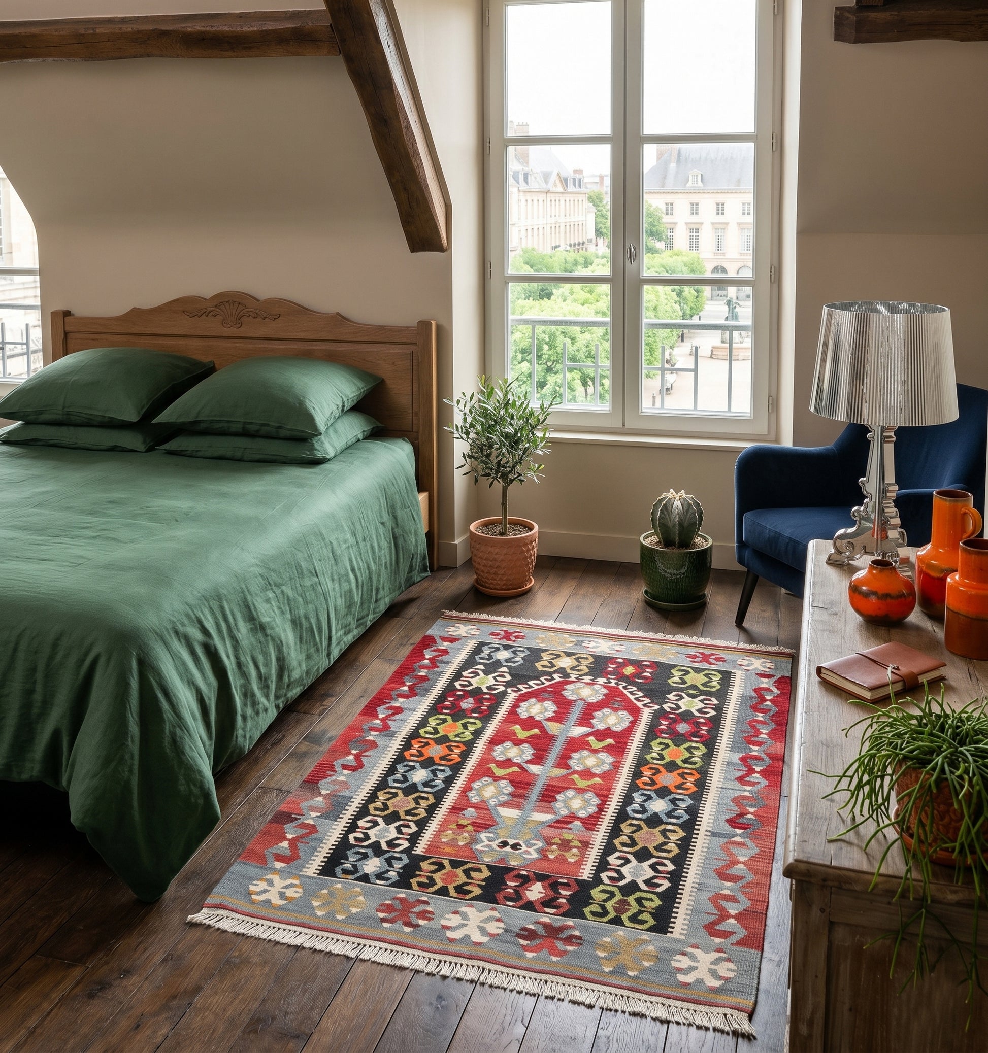 Petit tapis kilim ancien Esmé (130 x 96 cm) aux riches motifs géométriques et losanges rouges, blancs et bleus, réchauffant un parquet ancien dans un intérieur raffiné à Reims. Ce tissage d'Anatolie de 60 ans d'âge apporte une touche d'artisanat unique et authentique à une décoration moderne.