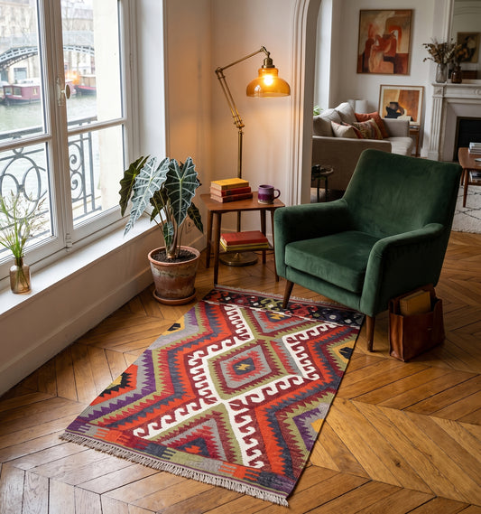 Petit tapis kilim ancien aux motifs géométriques colorés, disposé au pied d'un fauteuil en velours vert dans un appartement haussmannien près du Canal Saint-Martin à Paris. Une touche d'artisanat d'Anatolie qui réveille un coin lecture chic et vintage.