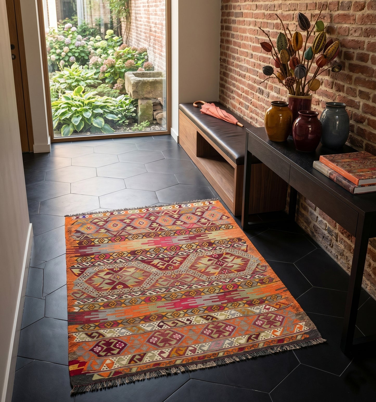 Petit tapis kilim ancien Menemenci (110 x 95 cm) aux motifs géométriques noirs et écrus, disposé devant un fauteuil moderne dans un intérieur à Strasbourg. Un tissage artisanal d'Anatolie de 65 ans d'âge qui apporte un caractère authentique et chic à la décoration.