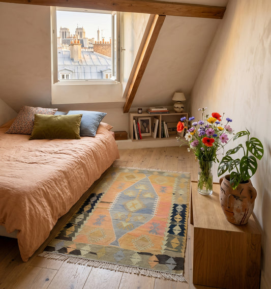 Tapis kilim ancien d'Anatolie aux tons pastel et motifs losanges, parfait en descente de lit dans une chambre mansardée sous les toits de Paris. L'authenticité du tissage artisanal mariée à une décoration bohème chic et lumineuse avec vue sur Notre-Dame.