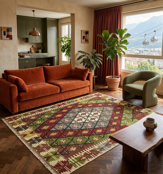 Tapis kilim d'Anatolie aux motifs géométriques complexes et teintes automnales, sublimant un salon moderne avec canapé en velours rouille et vue panoramique sur les montagnes à Grenoble.