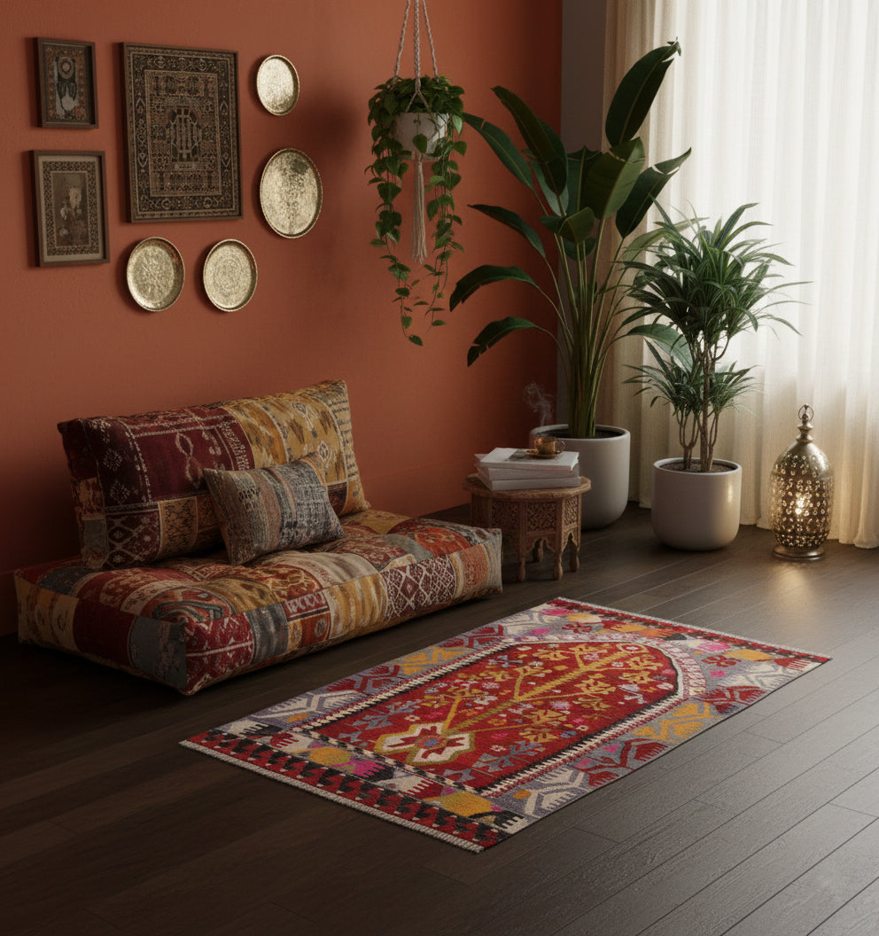 Petit tapis de chambre Kilim ancien Adana (112 x 88 cm) en laine, tissé main, posé au sol dans une décoration bohème chaleureuse.