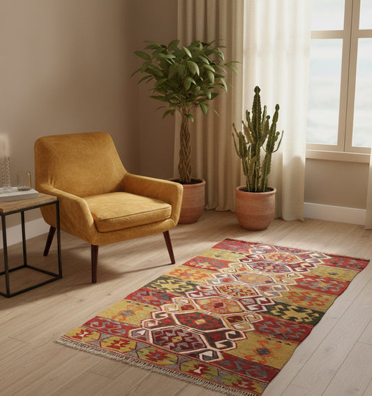 Tapis de chambre en laine Esme aux motifs géométriques multicolores (155 x 96 cm) mis en situation dans un coin détente avec un fauteuil jaune moutarde, des plantes vertes en pots de terre cuite et une lumière douce filtrée par des rideaux beiges