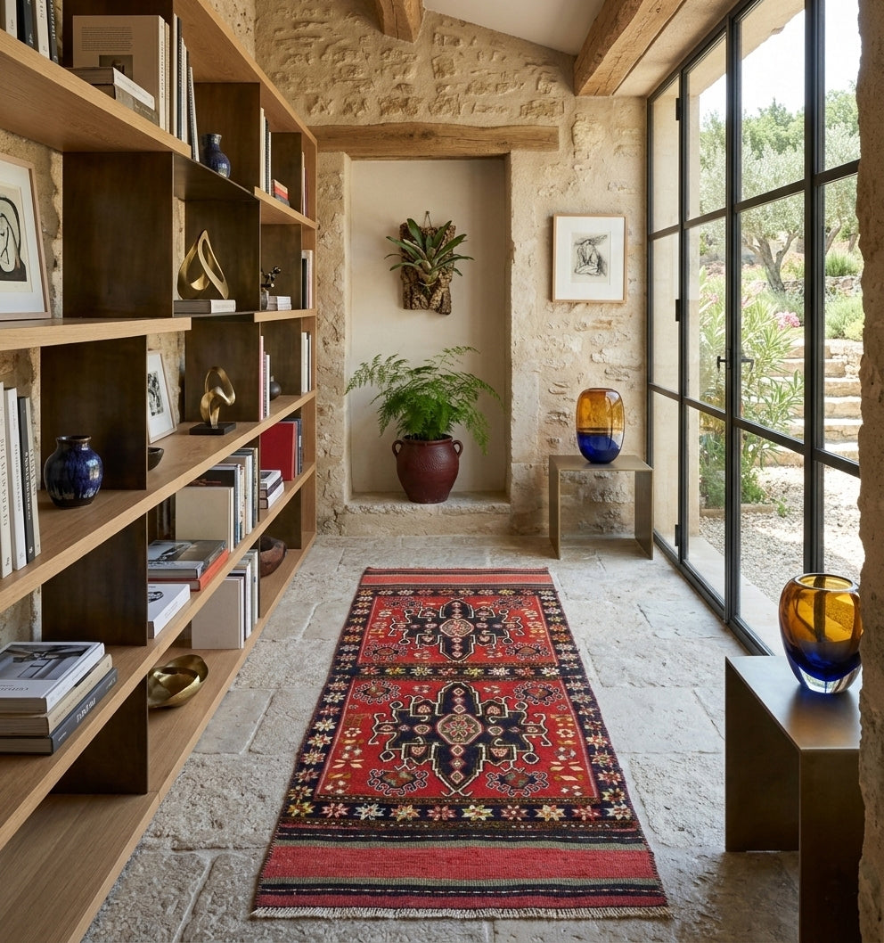 Tapis de couloir kilim Soumak ancien tissé main aux motifs traditionnels rouge et bleu marine, disposé dans un long couloir lumineux aux murs en pierre calcaire et sol en dalles de pierre grise. La scène comprend une bibliothèque en bois brut sur la gauche remplie de livres et d'objets d'art, des vases en verre bleu et orange sur des tables d'appoint, et une grande baie vitrée style atelier s'ouvrant sur un jardin méditerranéen avec oliviers.