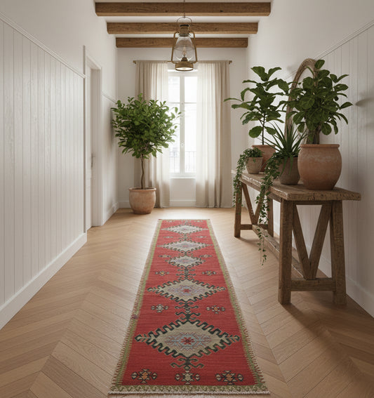 Long tapis de couloir en laine Adana rouge aux motifs de losanges traditionnels (298 x 70 cm) mis en situation dans une entrée lumineuse avec parquet en point de Hongrie, console rustique en bois massif et plantes vertes en pots terre cuite