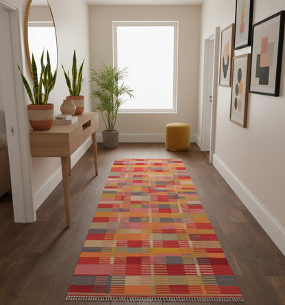 Long tapis d'entrée ou de couloir en laine multicolore (280 x 90 cm) aux motifs géométriques, parfait pour dynamiser un espace de passage moderne