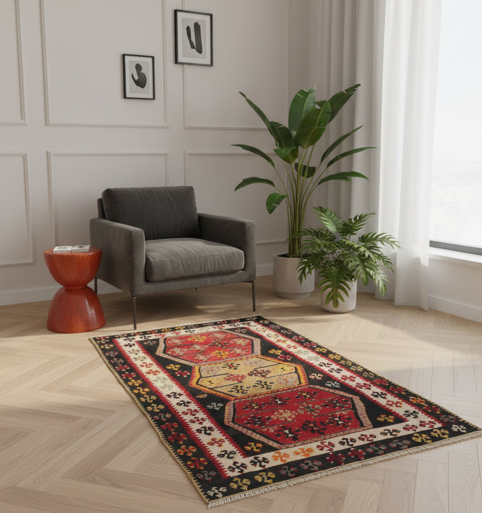 Tapis d'entrée 176 x 105 cm en situation dans un intérieur moderne – Décoration provenance Yozgat