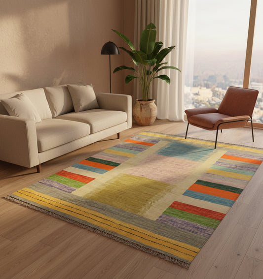 Kilim Art Déco 239×172 cm – Tapis kilim Afghanistan tissé main en laine naturelle