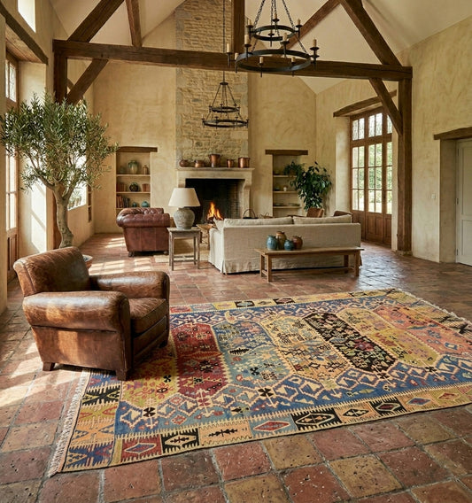 Grand tapis kilim Adana en laine aux motifs tribaux multicolores (270 x 182 cm) mis en situation dans un vaste salon rustique avec charpente apparente, sol en terre cuite, cheminée monumentale et fauteuil club en cuir marron.