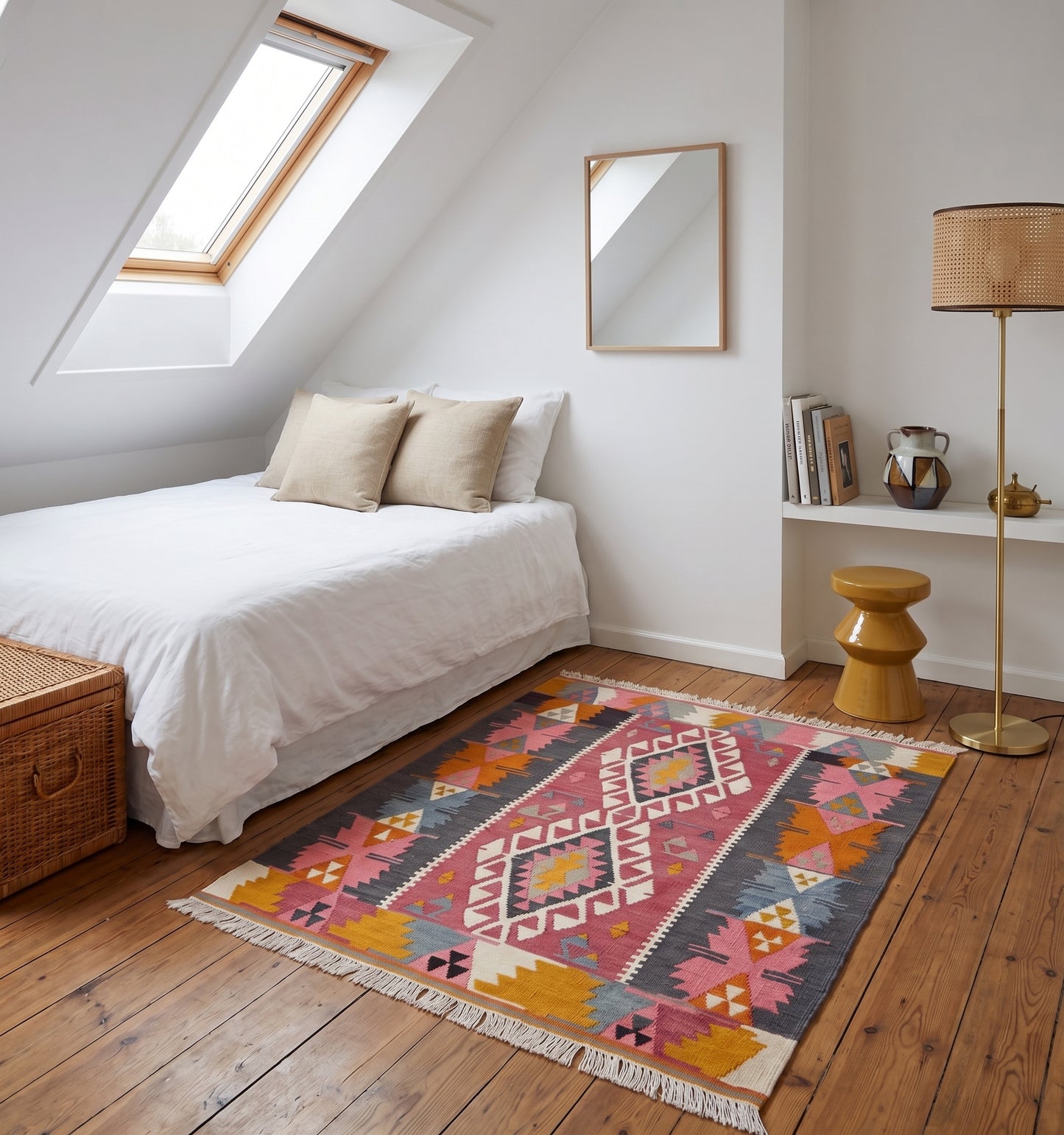 Tapis kilim ancien d'Adana, tissé main en laine par des nomades d'Anatolie, médaillons roses et safran sur fond graphite, posé dans une chambre mansardée à Annecy au plancher de bois brut