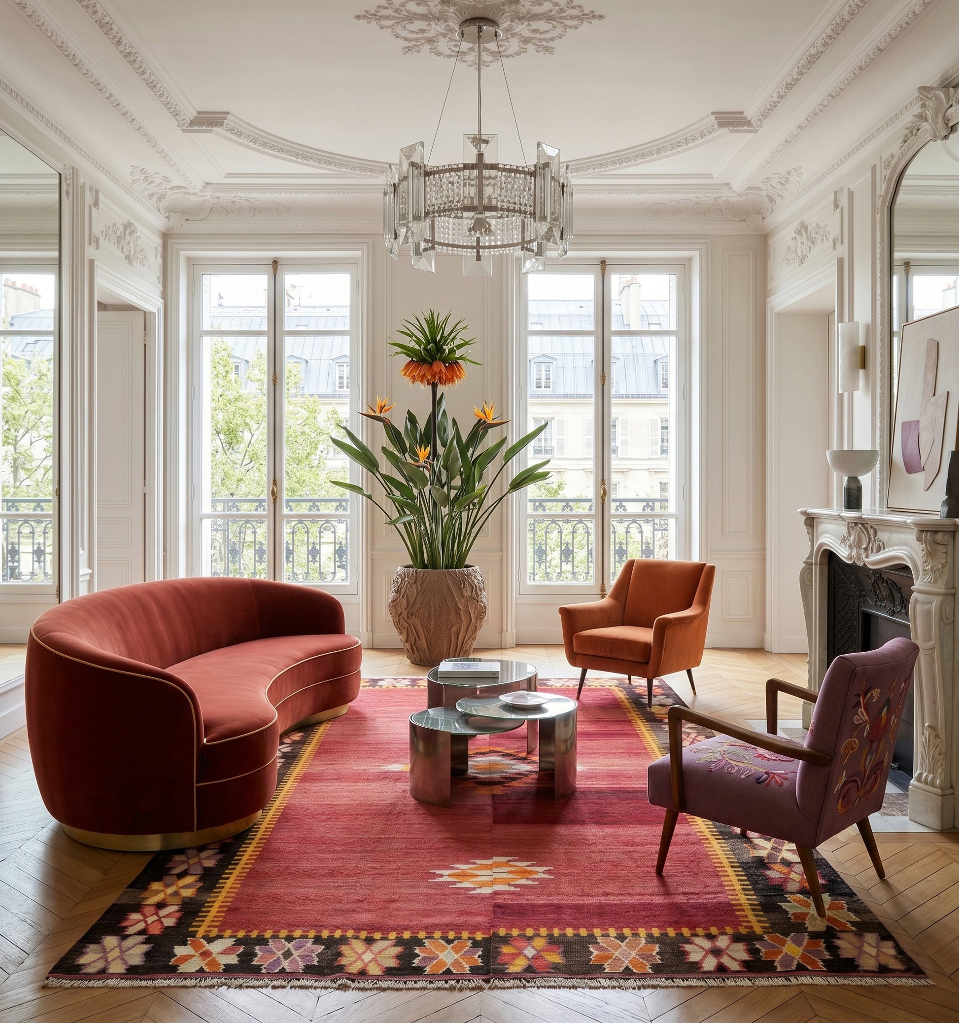 Grand tapis kilim Adana de 65 ans aux nuances de rouge et motifs floraux stylisés, tissé à la main en Anatolie. Cette pièce de collection magistrale sublime un salon de luxe haussmannien à Paris, offrant un contraste percutant entre l'artisanat ancestral turc et un mobilier curviligne moderne sous un lustre en cristal.